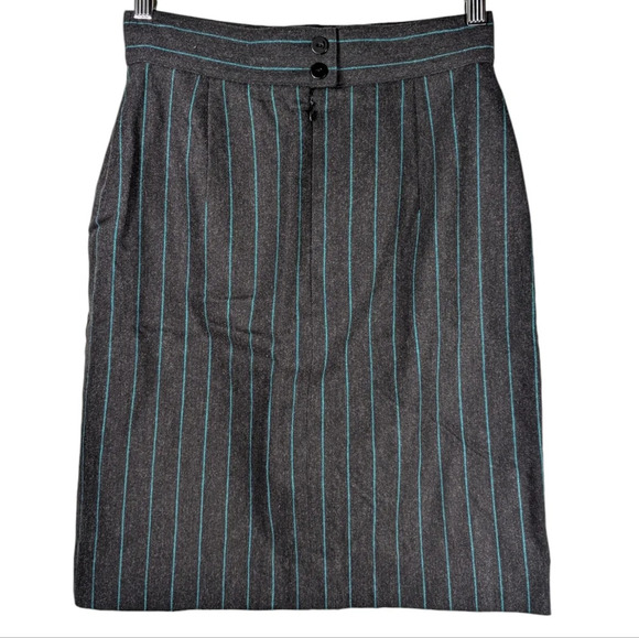 Vintage Escada Charcoal Grey Cashmere Wool Skirt Teal Pinstripe Size 36 - Picture 3 of 16